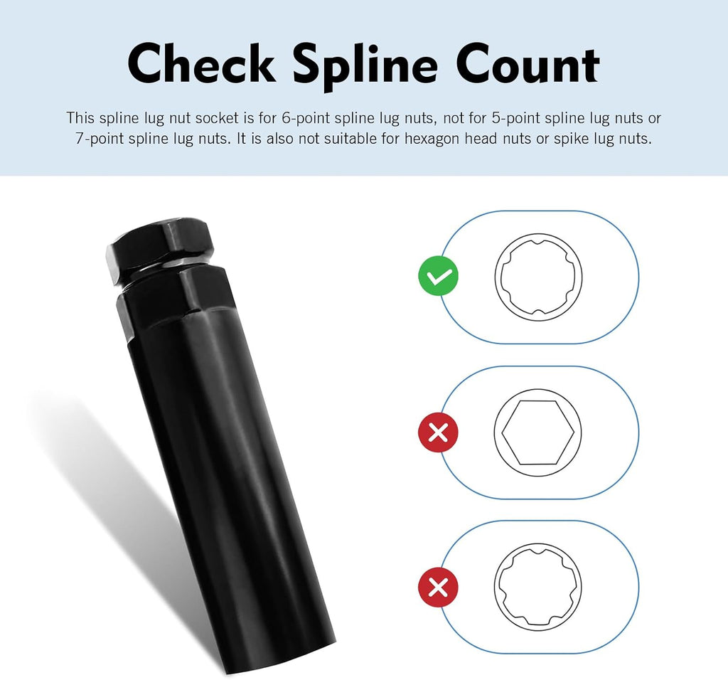Large 6 Spline Lug Nut Socket, Durable Wheel Lock Key Replacement Tool, Professional Locking Lug Nut Remover for 21 mm 13/16" & 22 mm 7/8" Hex Socket Wrench Adapter (Black)