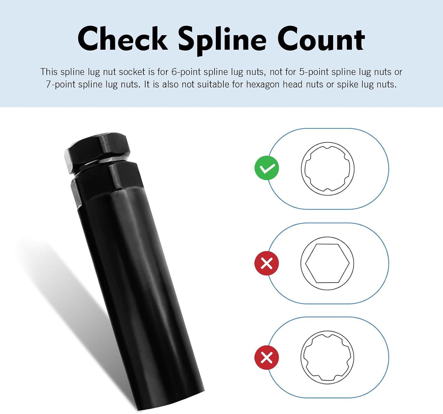 Large 6 Spline Lug Nut Socket, Durable Wheel Lock Key Replacement Tool, Professional Locking Lug Nut Remover for 21 mm 13/16" & 22 mm 7/8" Hex Socket Wrench Adapter (Black)