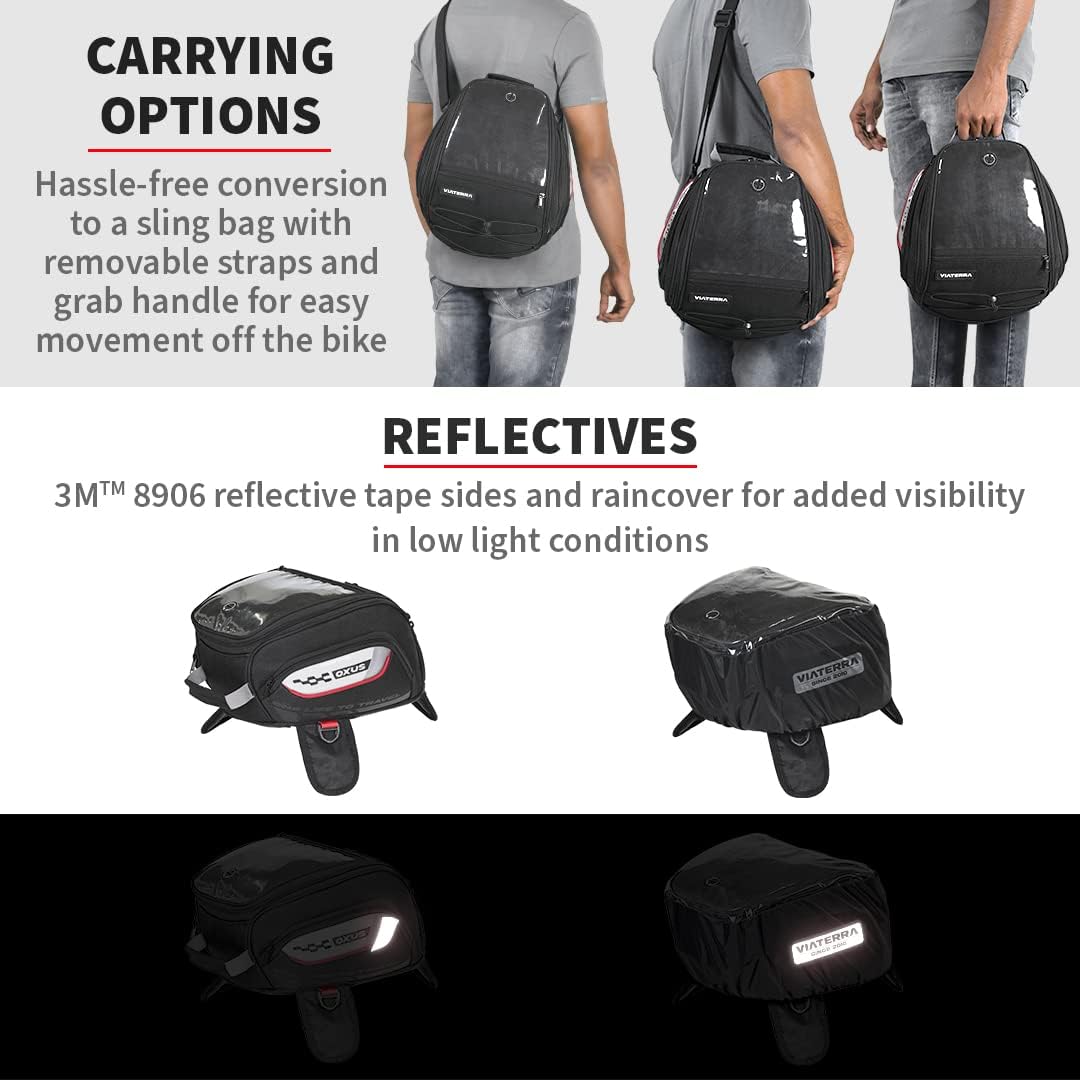 ViaTerra Oxus 13L Magnetic Motorcycle Tank Bag – Converts to Backpack Scratch-Free Leather Base Rain Cover Included EBC Net Universal Fit for Touring & Adventure Riders