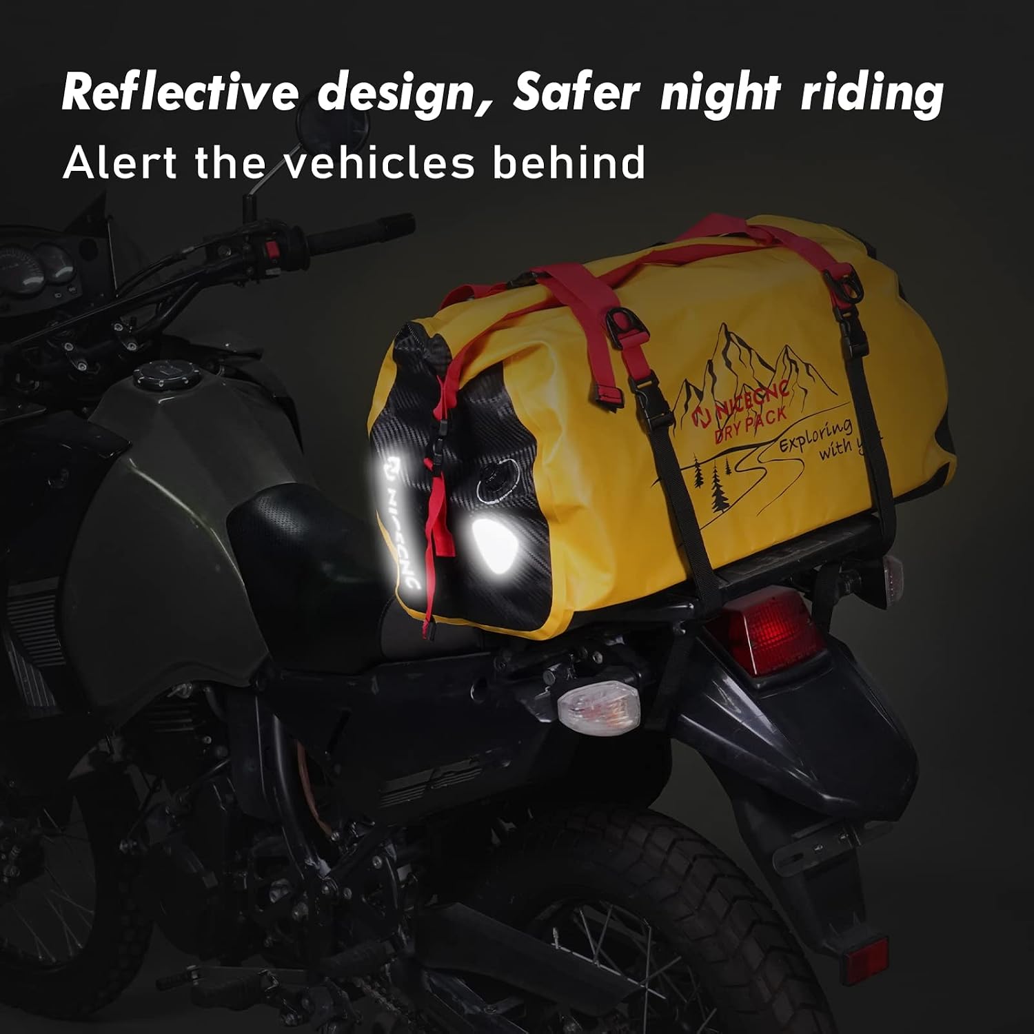 NICECNC Waterproof Motorcycle Dry Duffel Bag 66L, 500D PVC Motorcycle Tail Bag Rear Seat Rack Trunk Bag Universal Motorcycle Travel Luggage Storage Bag Fit for Adventure Riding Camping Boating, Yellow