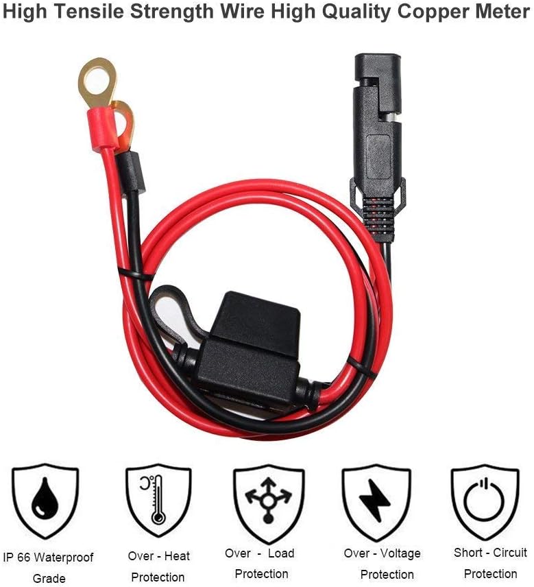 [2 PACK] SPARKING 2FT Motorcycle Battery Charger Cord, Sae to O Ring Terminal Quick Disconnect Assembly Extension Cable, Sae 2Pin Wire Harness Reverse Polarity Adapter Port Accessory, 10A Fuse