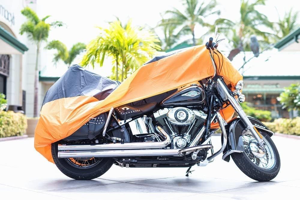 XYZCTEM Motorcycle Cover,All Season Black&Orange Waterproof Outdoor Sun Motorcycle Cover,Fits up to 108" Motors