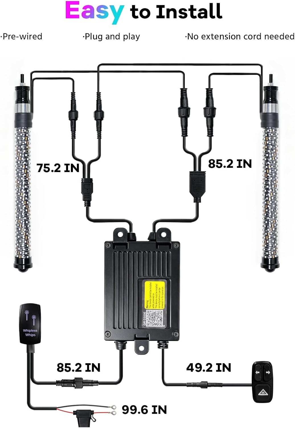 2-in-1 2FT Fat Whip Lights, Whipless LED Whip Lights with Rocker Switch, Remote & APP Control, 360° Spiral Multi-Color Lights, Compatible with Polaris, Can-Am, CFMOTO, ATVs (2 Pack)