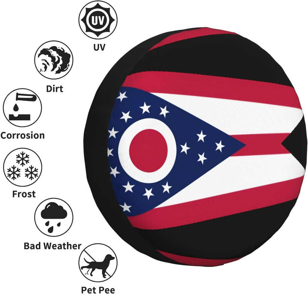 Ohio State Flag Print Universal Spare Tire Cover for RV, Jeep | Wheel Protector Fits Rv, Trailer, Jeep, Shield Tires From Sun, Dirt And Rain For Outdoor Storage