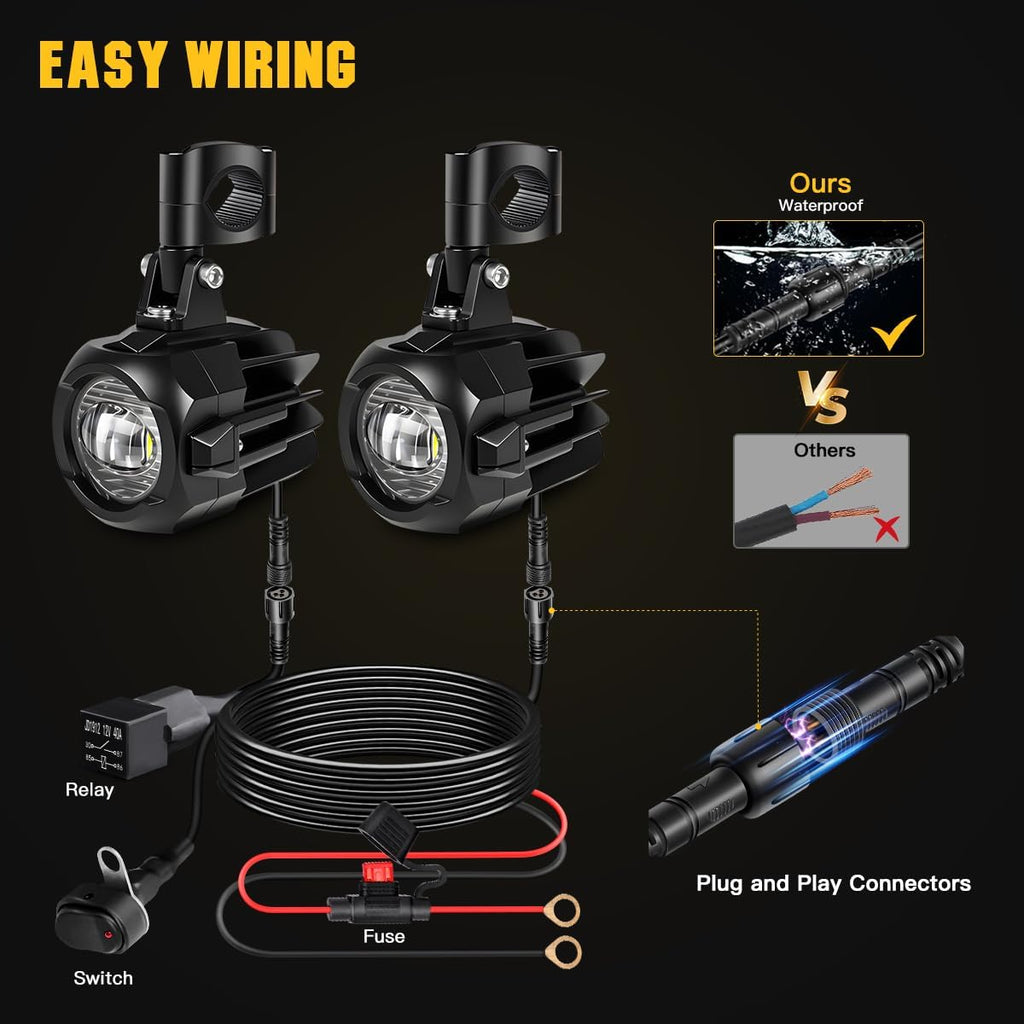 Motorcycle Auxiliary Lights LED Kit 70W Round Driving Fog Light White with Mount Brackets Wire Harness Switch Waterproof for R1200gs ADV Adventure Touring Sport Cruiser Streetbike ATV UTV