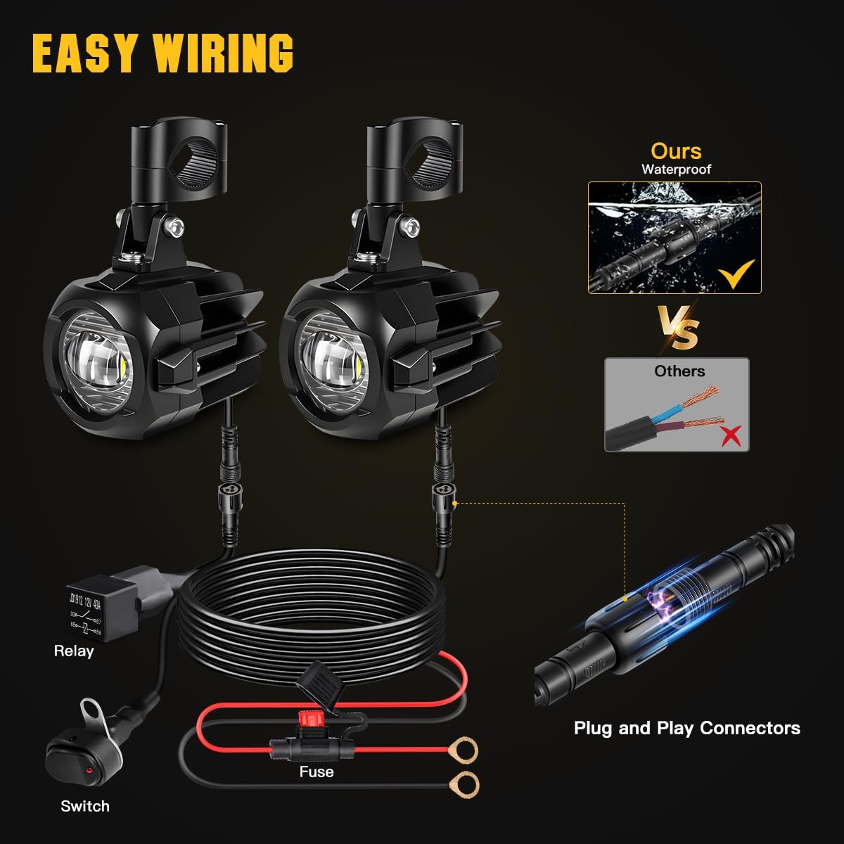 Motorcycle Auxiliary Lights LED Kit 70W Round Driving Fog Light White with Mount Brackets Wire Harness Switch Waterproof for R1200gs ADV Adventure Touring Sport Cruiser Streetbike ATV UTV