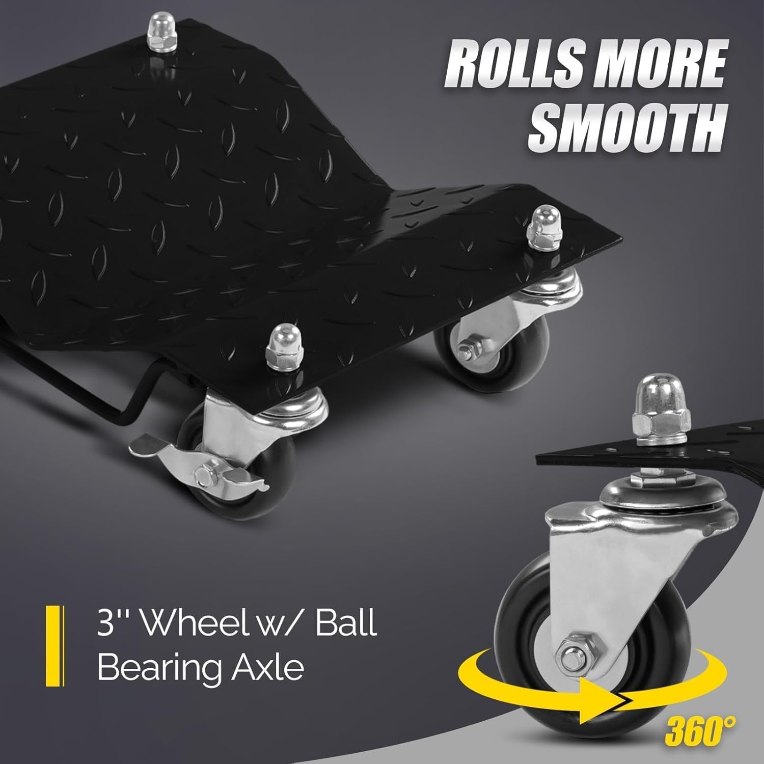 PrecisionAuto Heavy Duty 3000 lbs Car Wheel Dolly Set of 2 – Steel Tire Skates with Brakes – 360° Rotatable Anti-Skid Wheels for Material Handling – Black, Threaded Plate