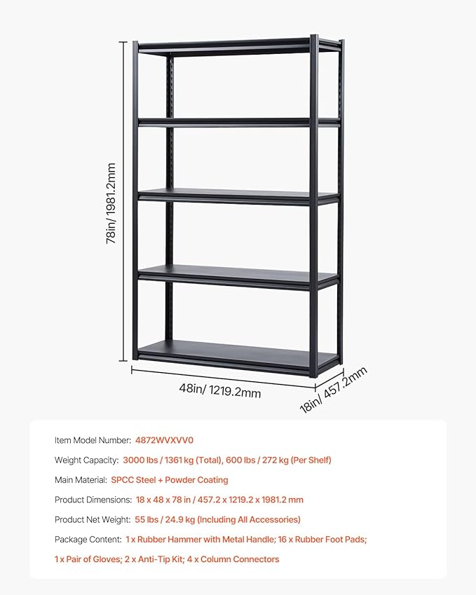 VEVOR Storage Shelves, 3000 lbs, 5 Tier Garage Storage Shelving - Image 8