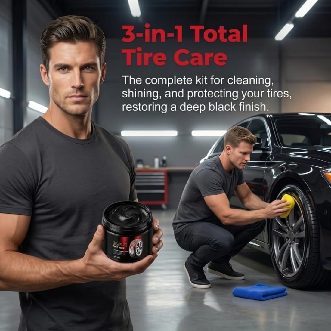 Instant Tire Shine and Protector Wax Kit, 3-in-1 Tire Renovator and Brightener, Deep Black Gloss Finish with UV Protection, Long-Lasting Tire Dressing for Cars, Trucks, Motorcycles (3pcs)
