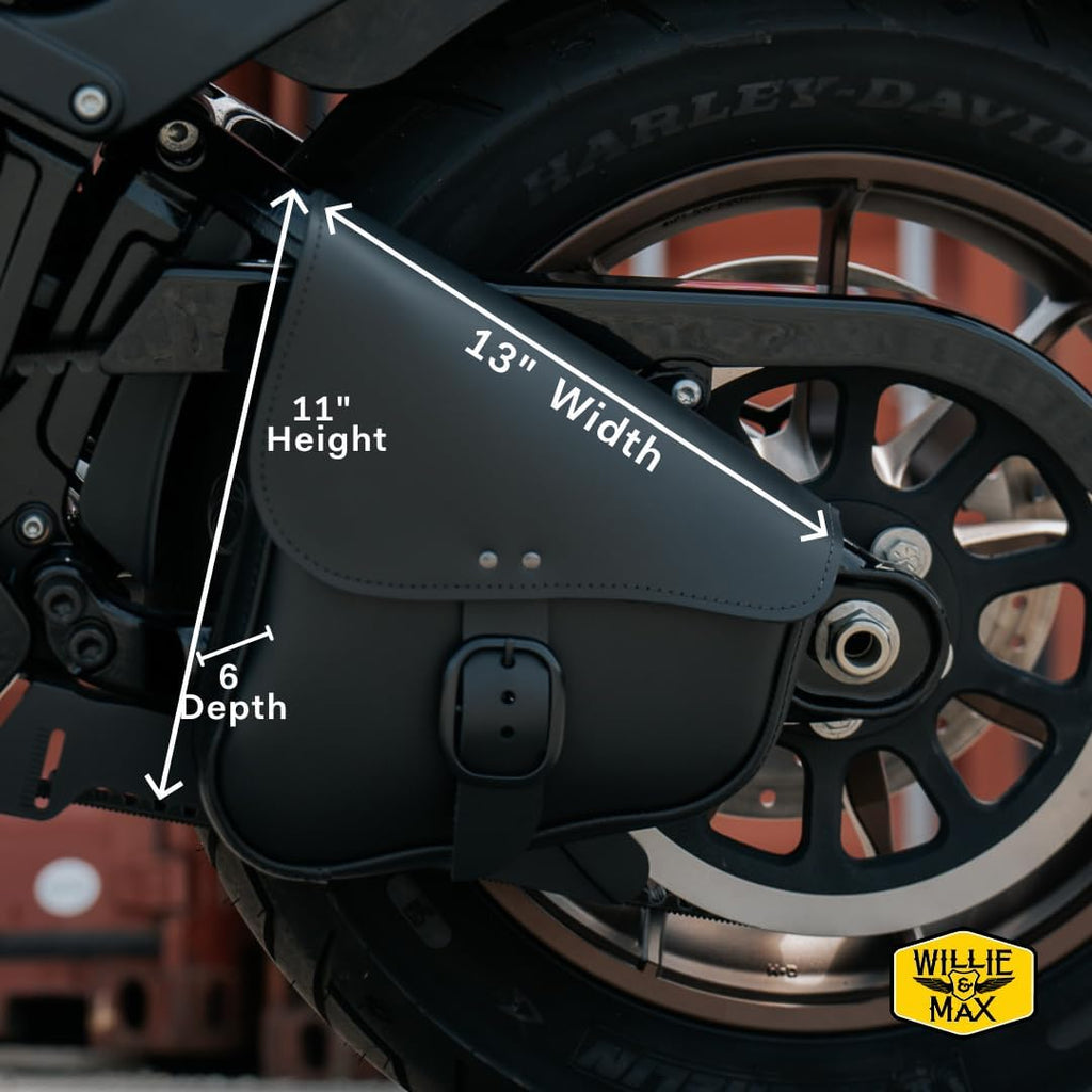 Black Leather Motorcycle Swingarm Bag for Softail/Triangulated Swingarm Models - Matte Black Buckle - Made in USA by Willie & Max [59893-00]