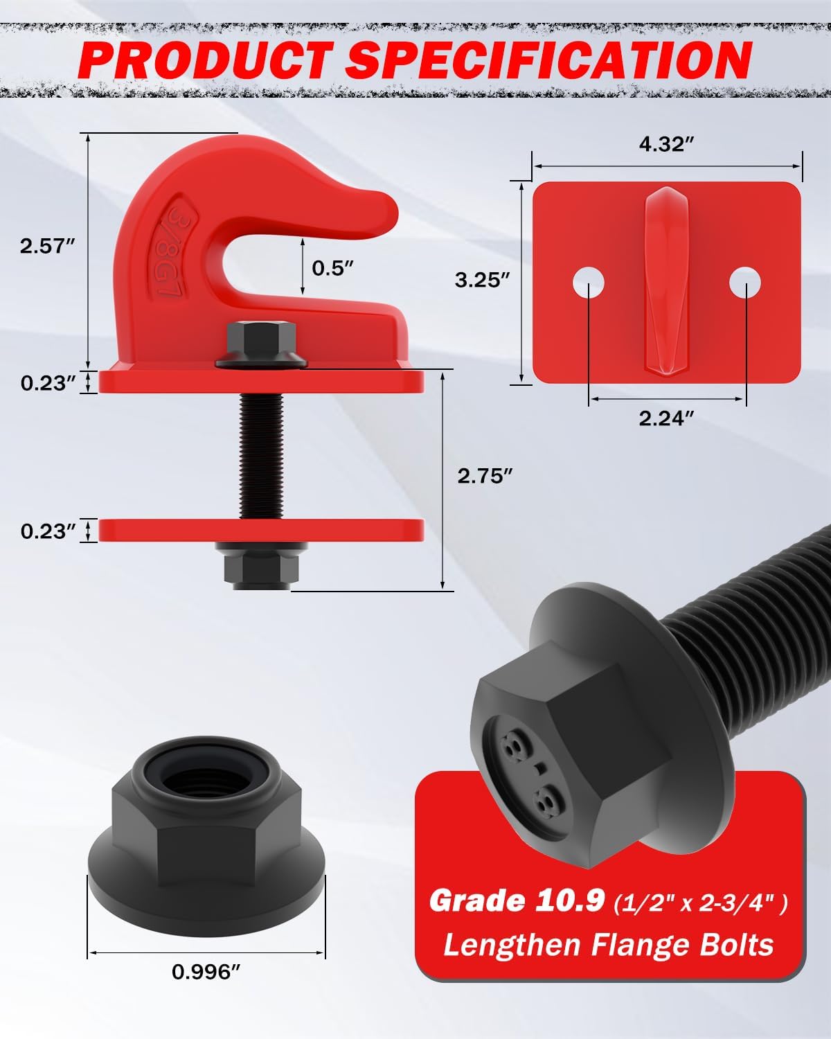 4 Pack 3/8" Tractor Bucket Grab Hooks, Grade 70 Forged Steel Bolt On Grab Hook with Backer Plate, Heavy Duty Tow Hook for Tractor Bucket, Loader, Truck, UTV, RV, 15,000 lbs, Red