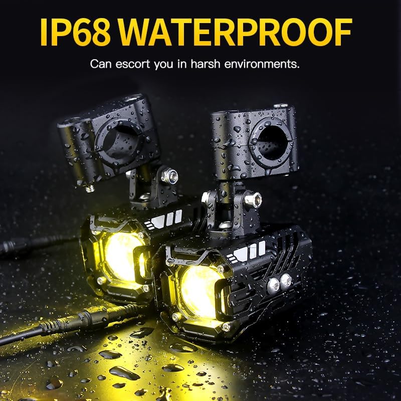 LED Motorcycle Auxiliary Lights Driving Fog Lights Universal Spotlights White/Amber High/Low Beam with 7 Modes, Compatible with Motorcycle SUV ATVs UTVs, 2PCS