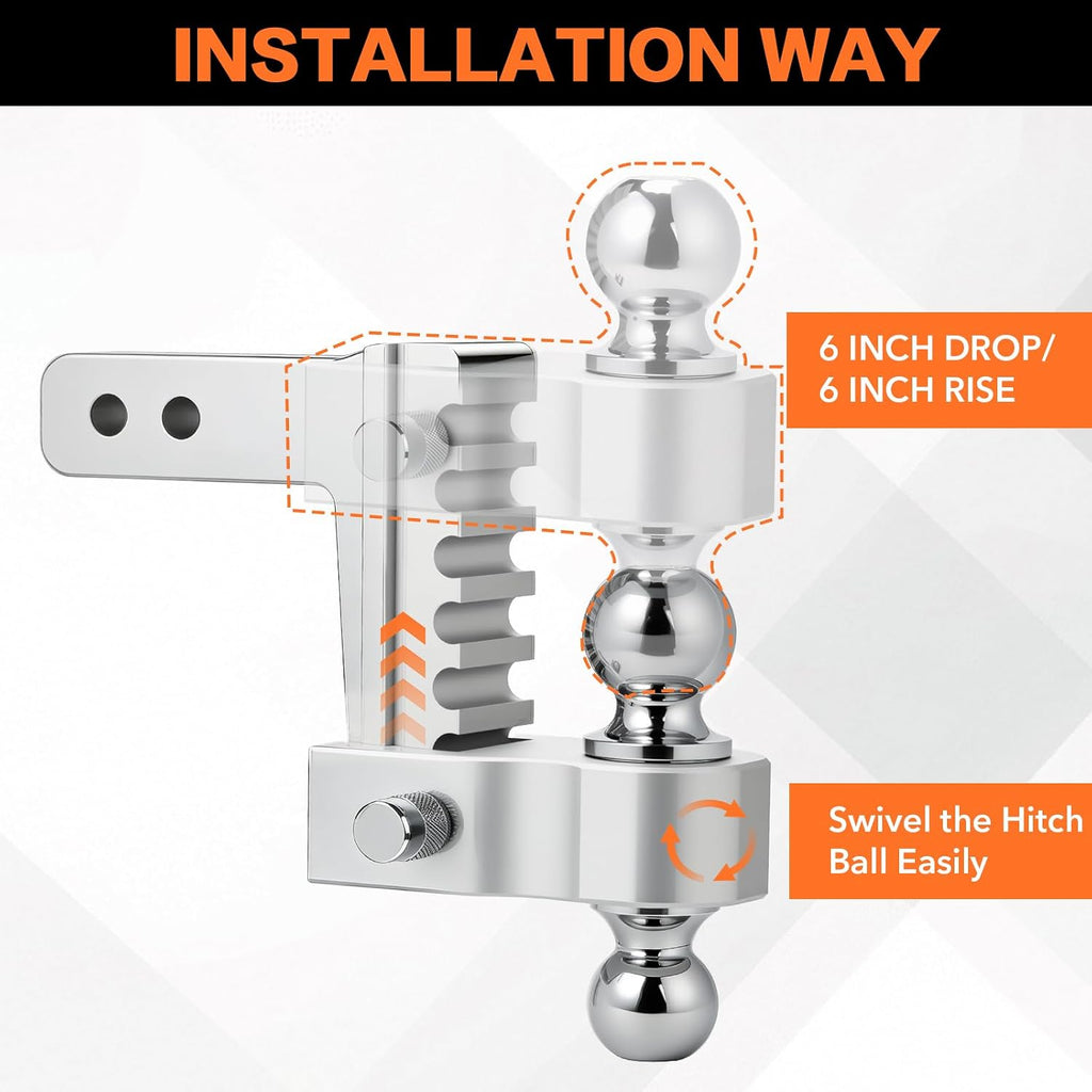 Aircraft Aluminum Adjustable Trailer Hitch for 2 Inch Receiver, Tow Dual Ball 2'' & 2-5/16'' Towing Weight 12,500 LBS, 6'' Drop/Rise, Lightweight/Anti Rust Anti Rattle, Bulletproof Lock Pin