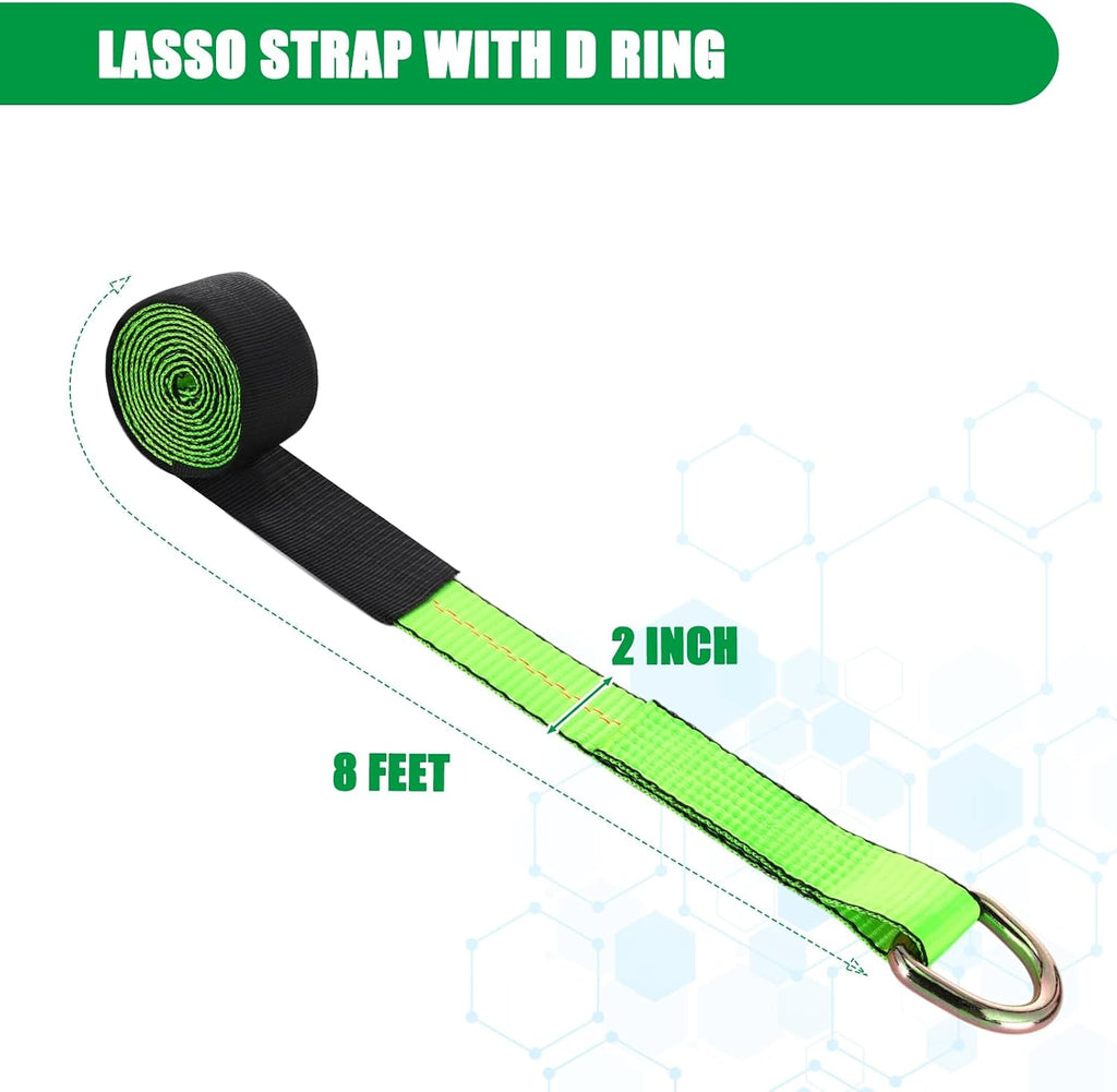 4 Pack 2" X 8ft Lasso Tow Truck Straps with D Ring 11, 000 Lbs Break Strength D Ring Auto Tie Down Wheel Lift Trailer Strap for Hauling Utv SUV Wrecker Rollback