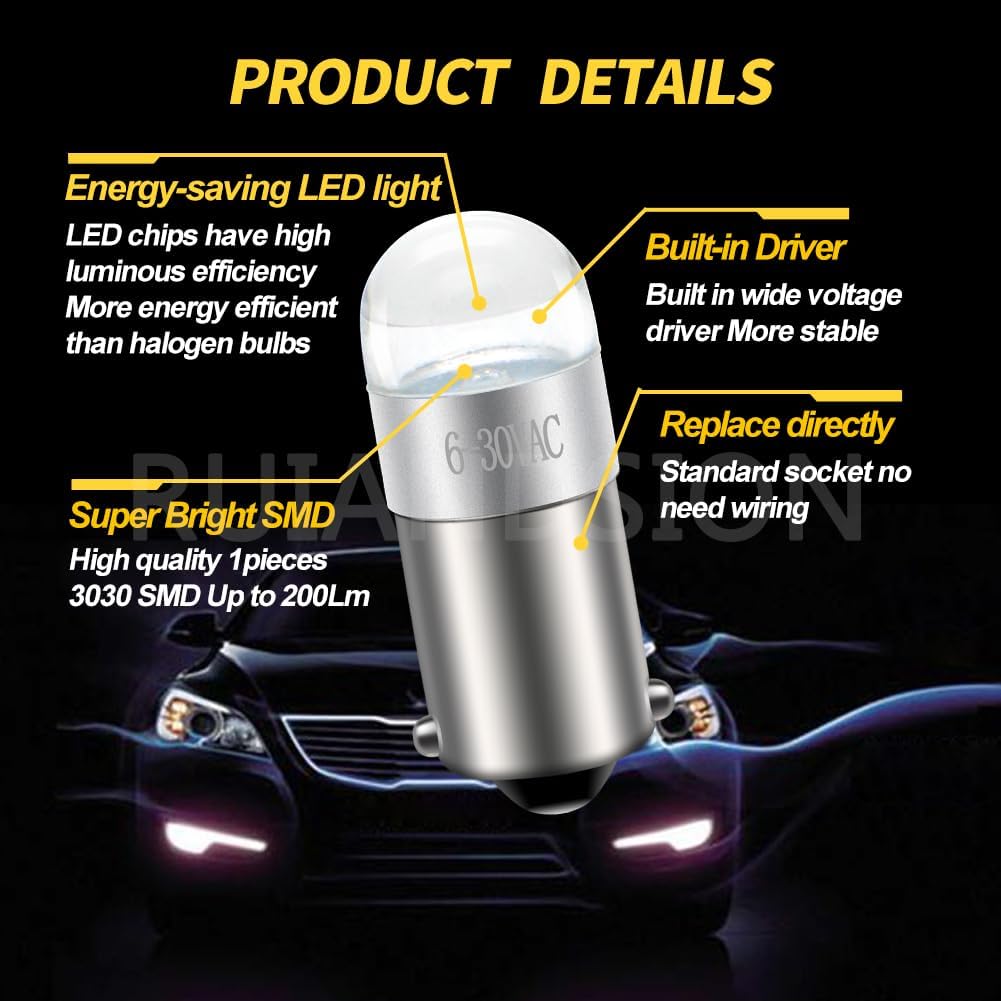 Ruiandsion BA9S Interior Map Led Light White 1891 6-30V Car Bulb for Glove Box Instrument Panel Lamps（pack of 2）
