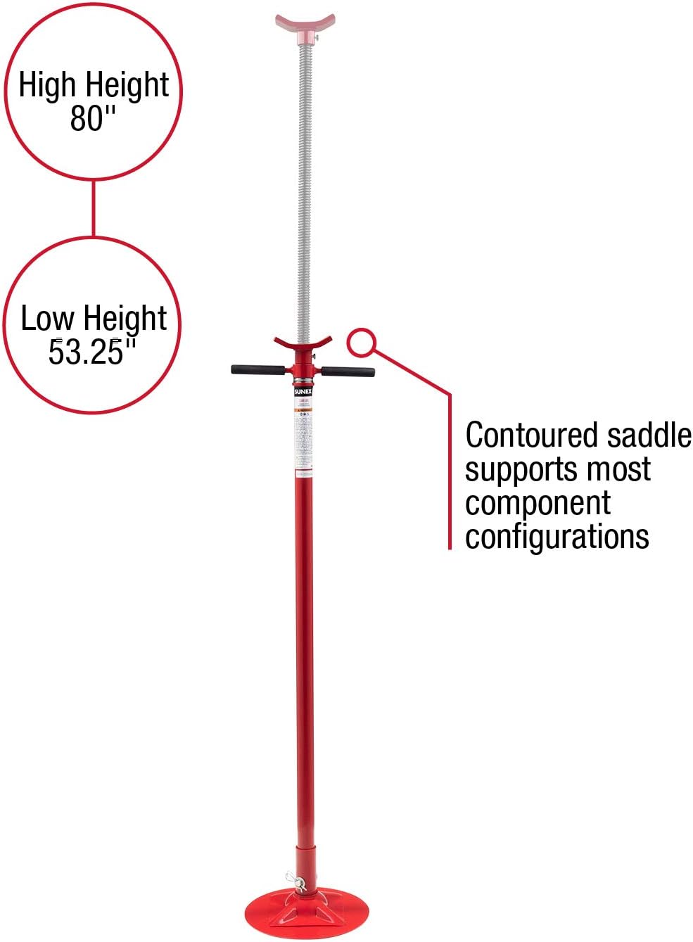 Sunex 6809A, Underhoist Support Stand, ¾ Ton Capacity, 12 Inch Diameter Base, Contoured Saddle, Bearing Mounted Spin Handle, Self-Locking ACME Threaded Screw, Supports Vehicle Components
