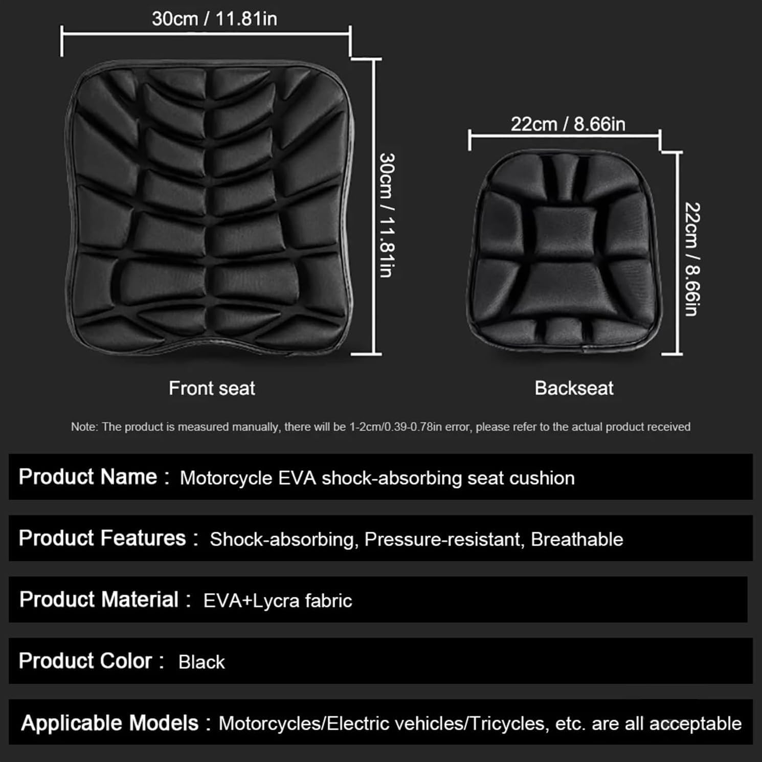 Motorcycle Seat Cushion for Honda VTX 1300 R/S/VTX 1800 C/F/N/R/T/VTX 1800 Classic Style, Gel Comfort Seat Cover with Breathable Pressure Relief Anti-Slip Shock Absorption Saddle Pads