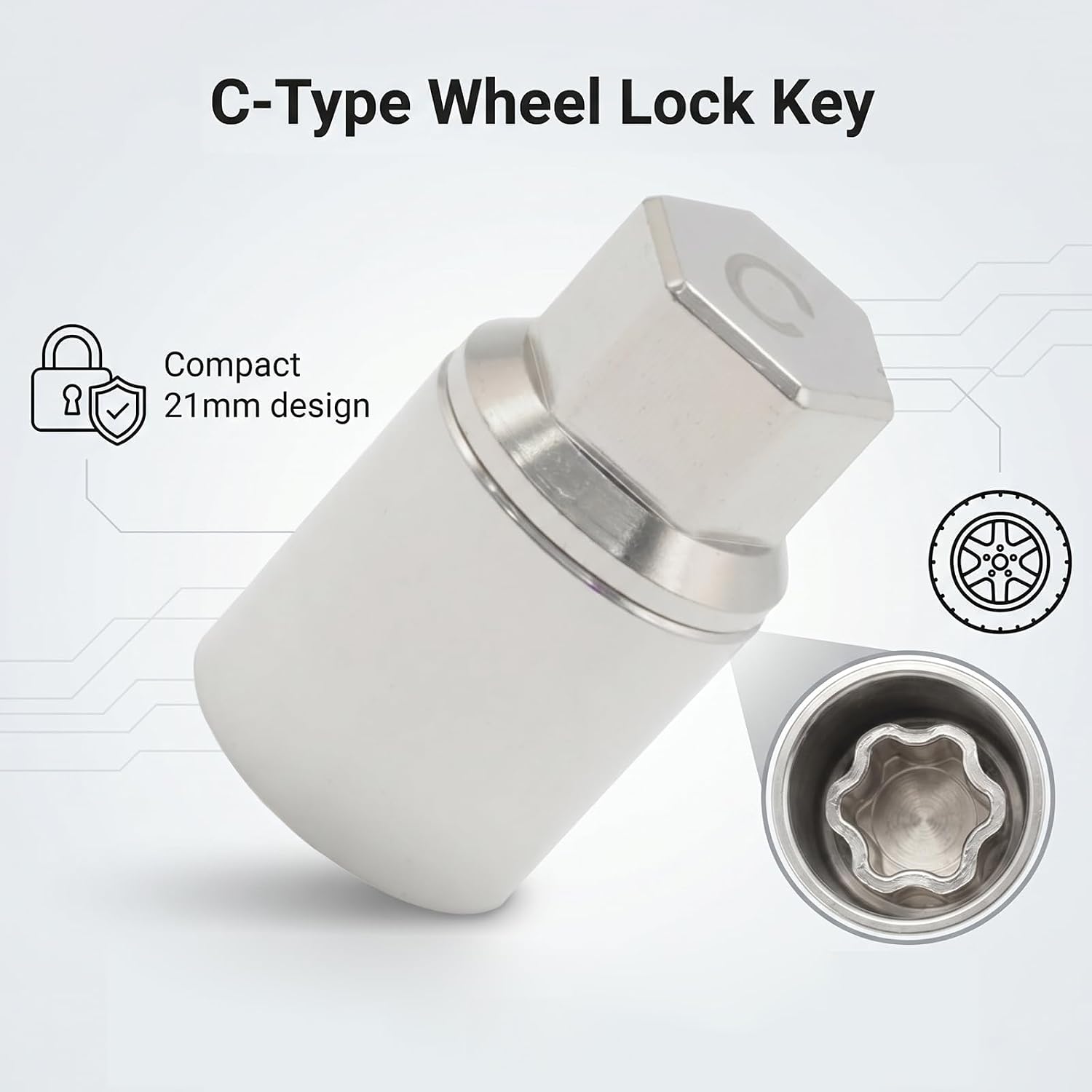 C-Type Wheel Lock Key, 21mm Sliver Anti-Theft Lug Nut Removal Tool, Replacement for Toyota, Replacement for Lexus, Secure Tool for Vehicle Tire Maintenance