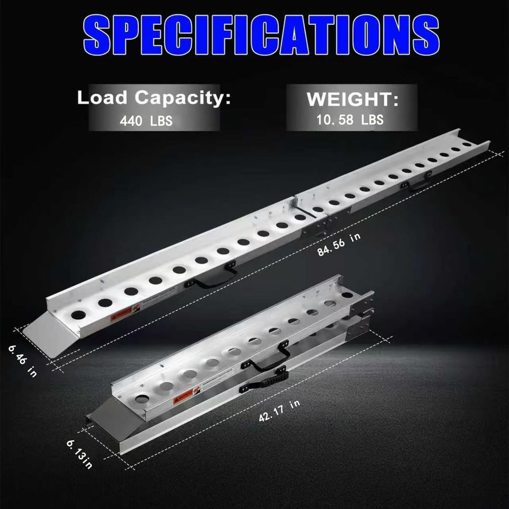 Aluminum Motorcycle Ramp, 440 lbs Capacity, 84.56" x 7.16" Folding Dirt Bike Loading Ramp with Dual Carry Handles & Rubber Pad, Portable Bike & E-Bike Ramp for Pickup Trucks, Trailers & Sheds