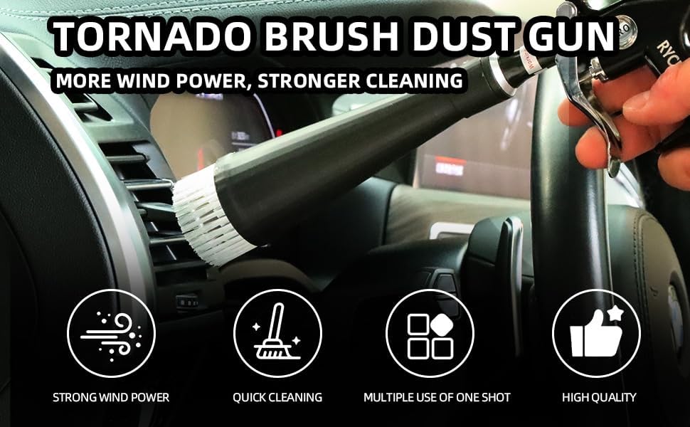 Tornado Dry Cleaning Gun Tornado Car Cleaning Gun Tornado Dry Air Blow Gun with 2 Nozzles + 2 American Connectors + 2 Microfiber Towels, Durable Metal Body, Anti-Drop, for Car Interior Cleaning
