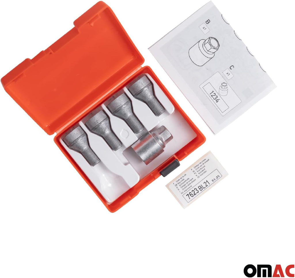 OMAC Wheel Lock Kit Compatible with Jeep Renegade, fits Fiat 500X 500L M12X1,25 Silver 4Locks & 1Key