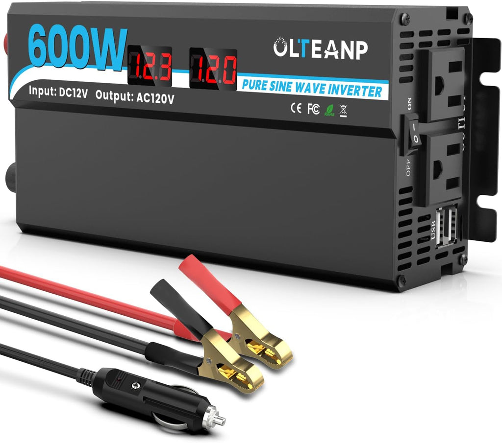 600W Power Inverter Pure Sine Wave Inverter 12V DC to 120V AC Converter