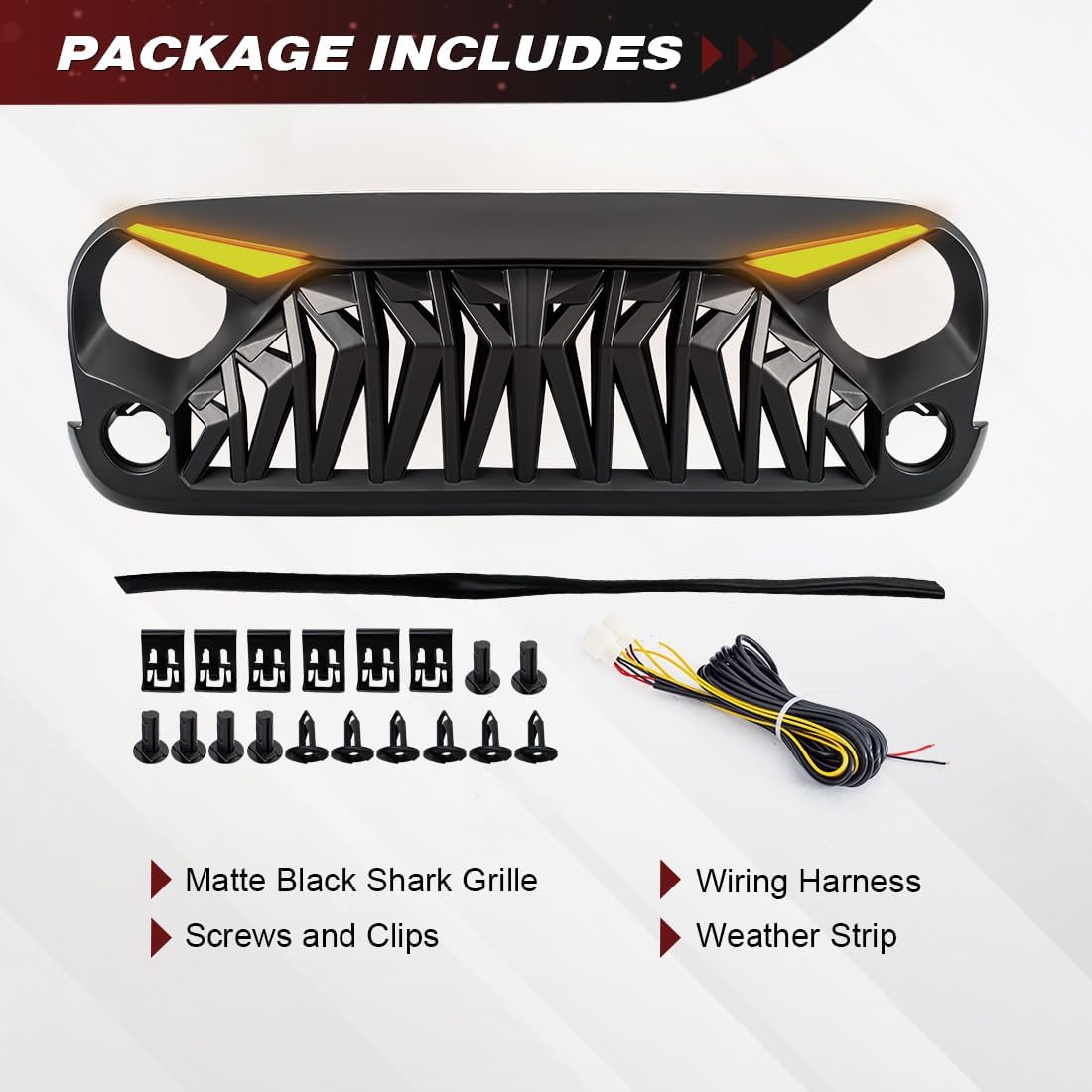 Front Grill Compatible with 2007-2018 Jeep Wrangler JK JKU, Shark Grille w/DRL Turn Signal Lights, Matte Black