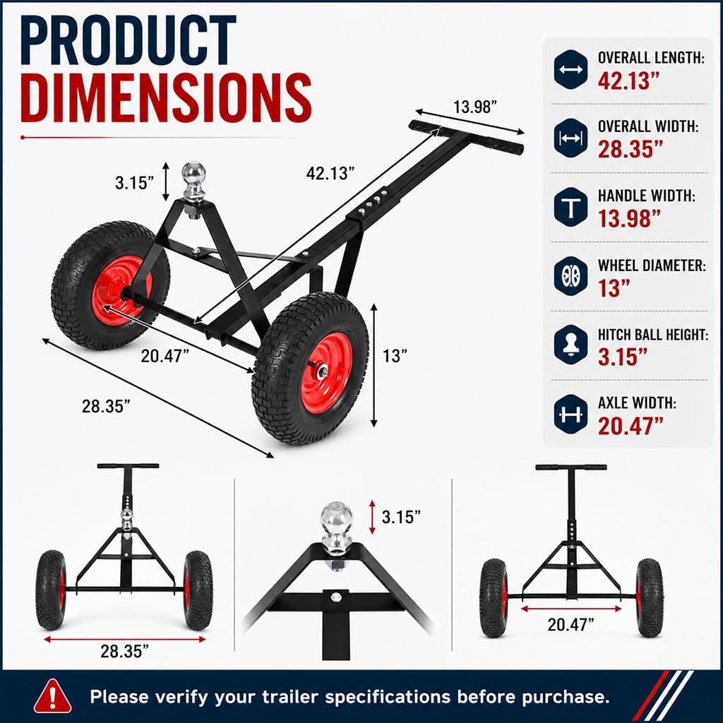 Trailer Dolly with 2" Hitch Ball, 1000 lbs Capacity, Heavy-Duty Steel Frame with Hammer-Tone Finish, Wide Wheelbase & 13" Flat-Free Tires – Lawn Tractor, RV, Boat, and Utility Trailer Mover Dolly