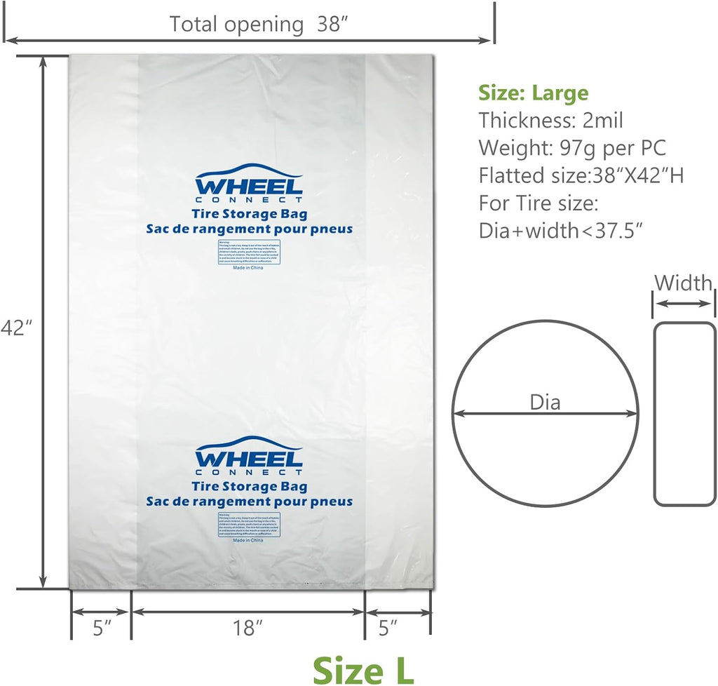 WHEEL CONNECT Tire Storage Bags. Made of Polyethylene LDPE Plastic, Large 38”X42”H, White, Pack of 4pcs. L.