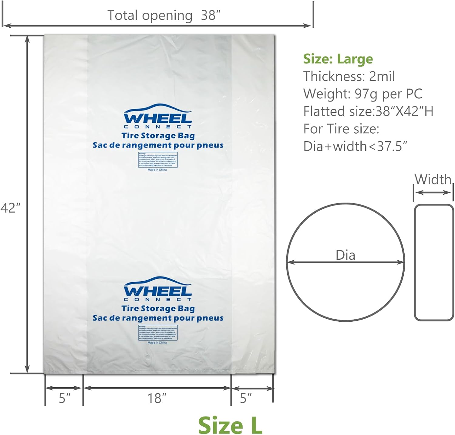 WHEEL CONNECT Tire Storage Bags. Made of Polyethylene LDPE Plastic, Large 38”X42”H, White, Pack of 4pcs. L.