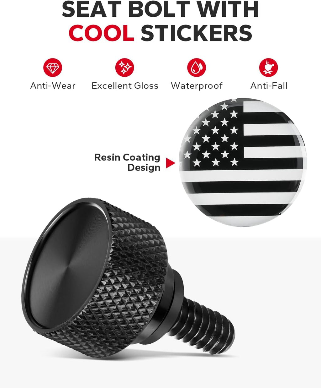 Amazicha Stainless Steel Seat Bolt Screw Nut Cover Mount Kit American Flag Compatible for Harley Davidson Touring Sportster Softail Dyna 1996-2026 Black