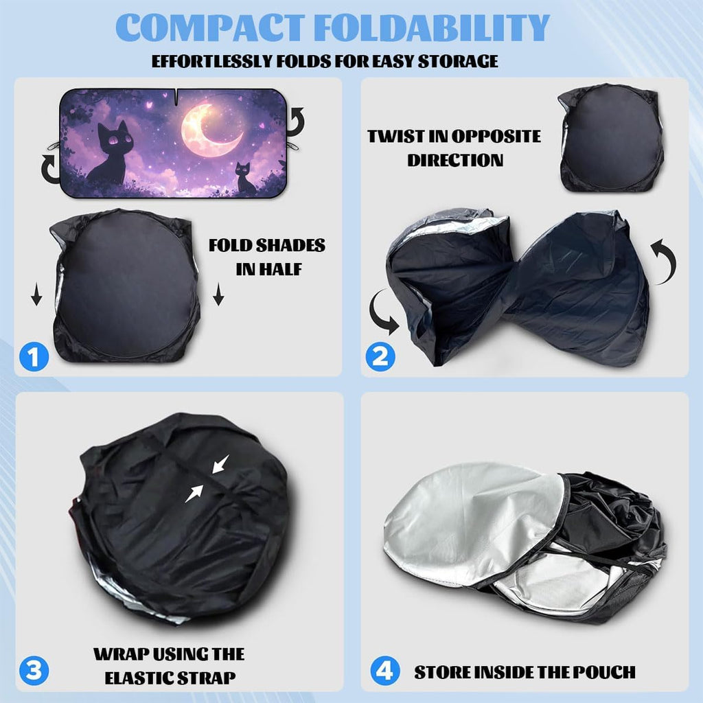 Black Kitten Car Front Window Sun Shield Crescent Moon Purple Sky Stars Windshield Sun Shade Visor Protector for Car Sedan Truck SUV Accessories 59" L x 31.5" W