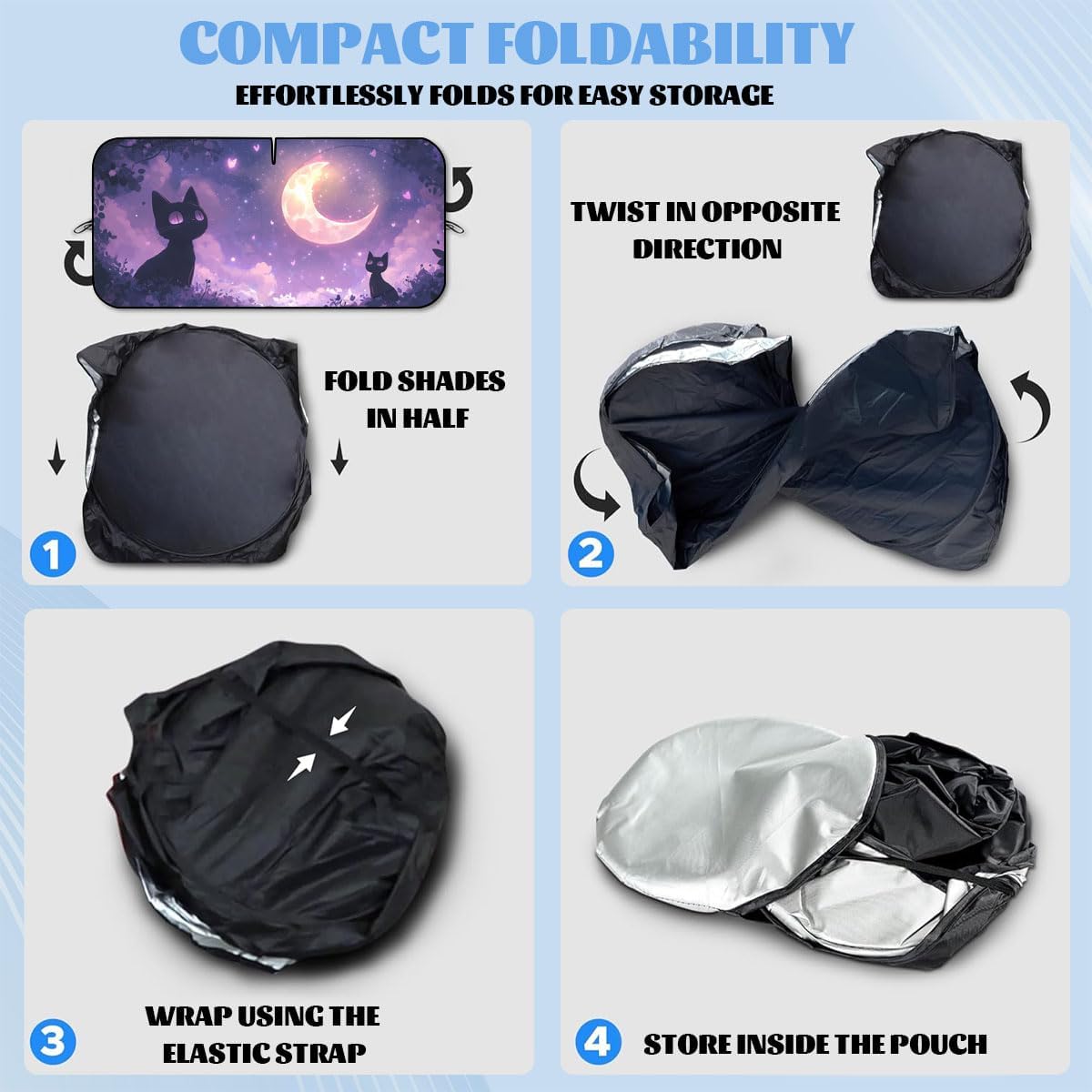 Black Kitten Car Front Window Sun Shield Crescent Moon Purple Sky Stars Windshield Sun Shade Visor Protector for Car Sedan Truck SUV Accessories 59" L x 31.5" W
