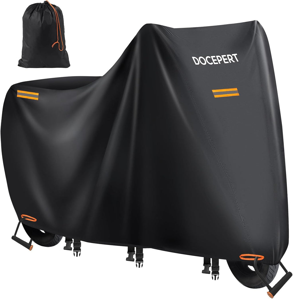Motorcycle Cover Waterproof Outdoor, 420D Oxford All Season Universal Large Motorcycle Cover Indoor&Outdoor for Snow/Rain/Dust,4 Reflective Strips,3 Windproof Buckles (XXL 91"x38"x51")