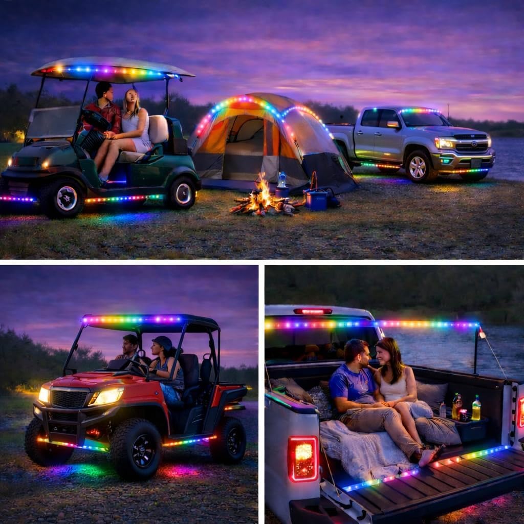 Battery Powered RGB+IC Dream Color Chasing Golf Cart Canopy Roof Lights with Remote, 2 Pack 4FT IP68 Waterproof Addressable Golf Cart Underglow Light Strip for EZGO Yamaha Club Car, Boat, Easy Install