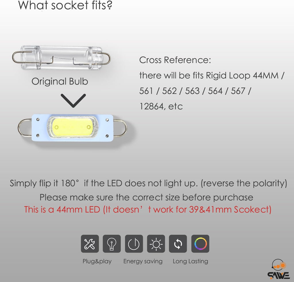 561 Led Bulb White 44mm COB Rigid Loop for Map Trunk Light 562 567 x 2 | Canbus Error Free 12v Replacement for Interior Car Dome Courtesy Step Cargo Footwell Festoon Lamp 563 564 Super Bright 6000K