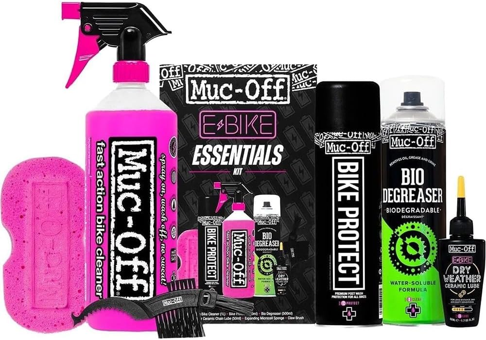muc-off ebike essentials kit, electric bike wash & shown in use