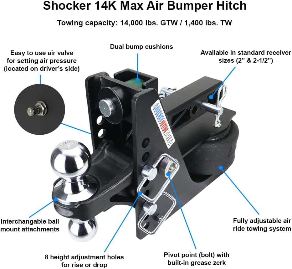 Shocker Max Black Air Ride Hitch with Chrome Combo 2" & 2-5/16" Balls, Fits 2" Hitch - 14,000 lbs