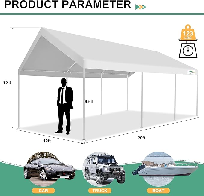 COBIZI 12x20ft Carport Heavy Duty, Portable Car Garage Outdoor Party Tent - Image 5