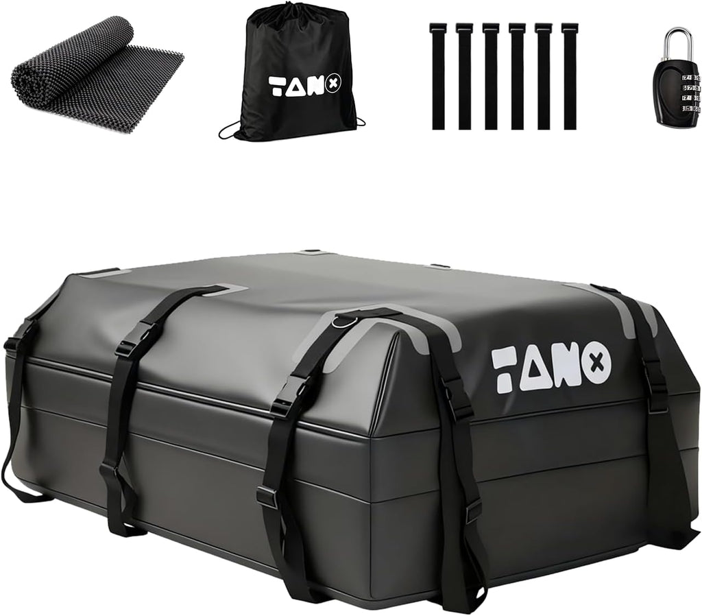 TANX Car Roof Bag - 21 Cubic Feet Rooftop Cargo Carrier, 100% Waterproof for All Cars with/Without Roof Rack, Includes Anti-Slip Mat, 12 Reinforced Straps, 6 Door Hooks, Luggage Lock & Storage Bag