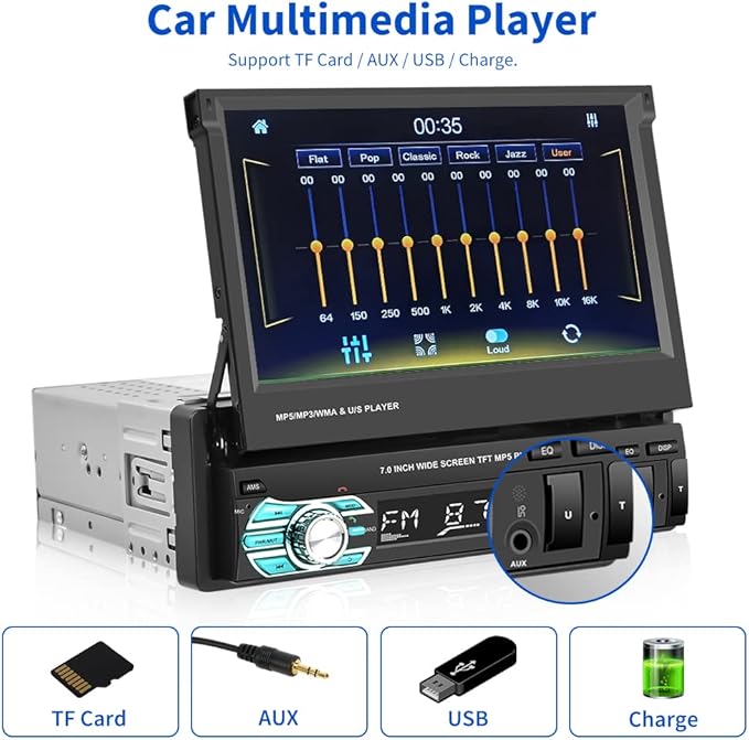 Hikity Carplay Single Din Car Stereo, 7 Inch Flip Out Touch Screen Car Radio - Image 8