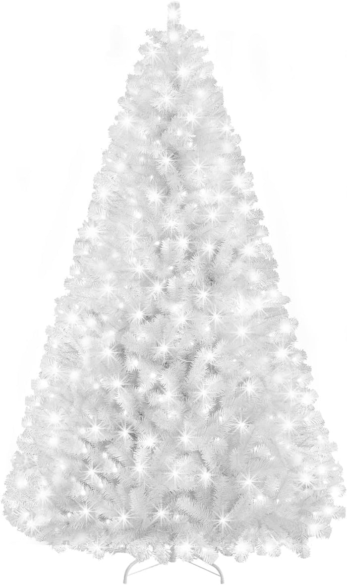 Prelit White Christmas Tree 6ft - White Halloween Tree with 300 LED Lights, 726 PVC Branches, Halloween & Xmas Tree for Holiday Decorations, Metal Stand and Hinged Branches