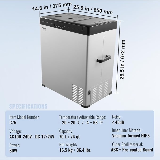 VEVOR 12 Volt Car Refrigerator Fridge, 70Liter Single Zone Portable Freezer - Image 7