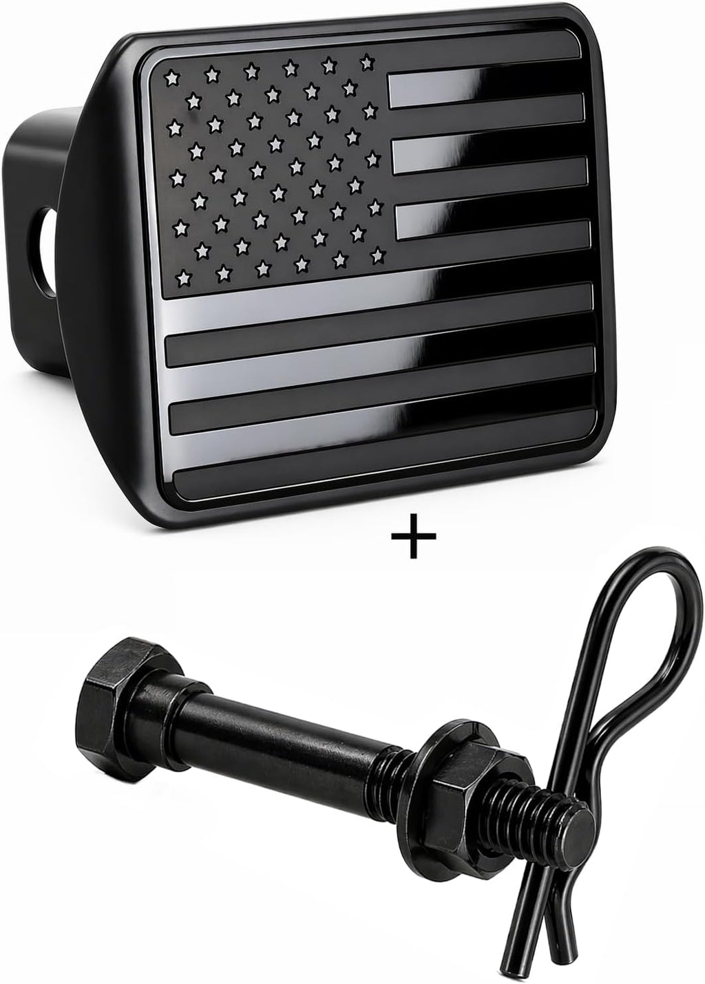 USA Stainless Steel Flag Emblem Metal Hitch Cover – Black, Includes Anti-Rattle Stainless Steel Pin Bolt, Fits 2" Receivers