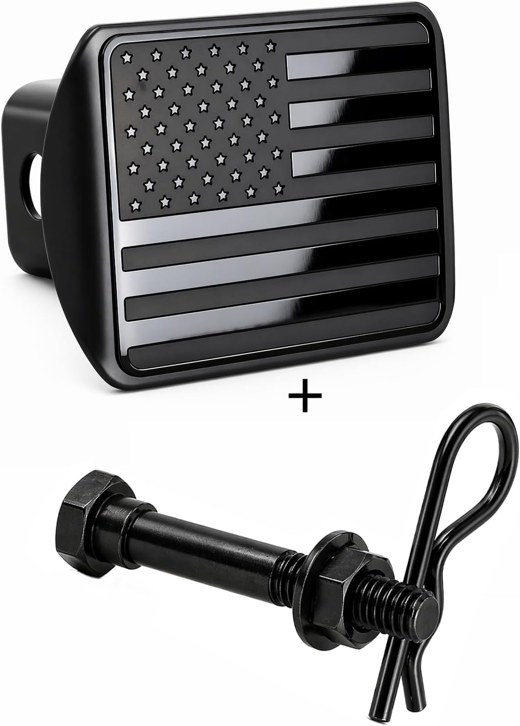 USA Stainless Steel Flag Emblem Metal Hitch Cover – Black, Includes Anti-Rattle Stainless Steel Pin Bolt, Fits 2" Receivers