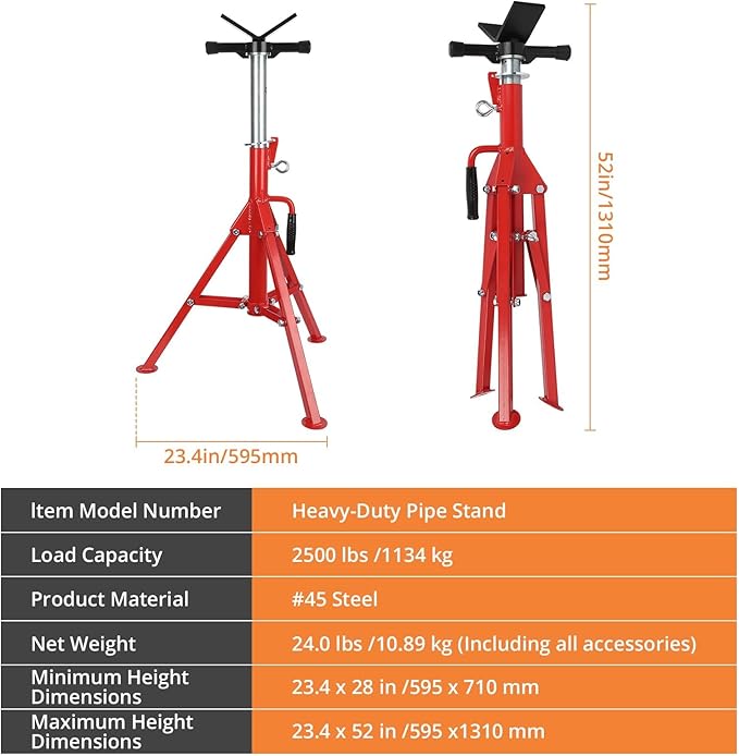 V-Head Pipe Jack Stand, 2500 Lbs Heavy-Duty Steel Pipe Stand - Image 2