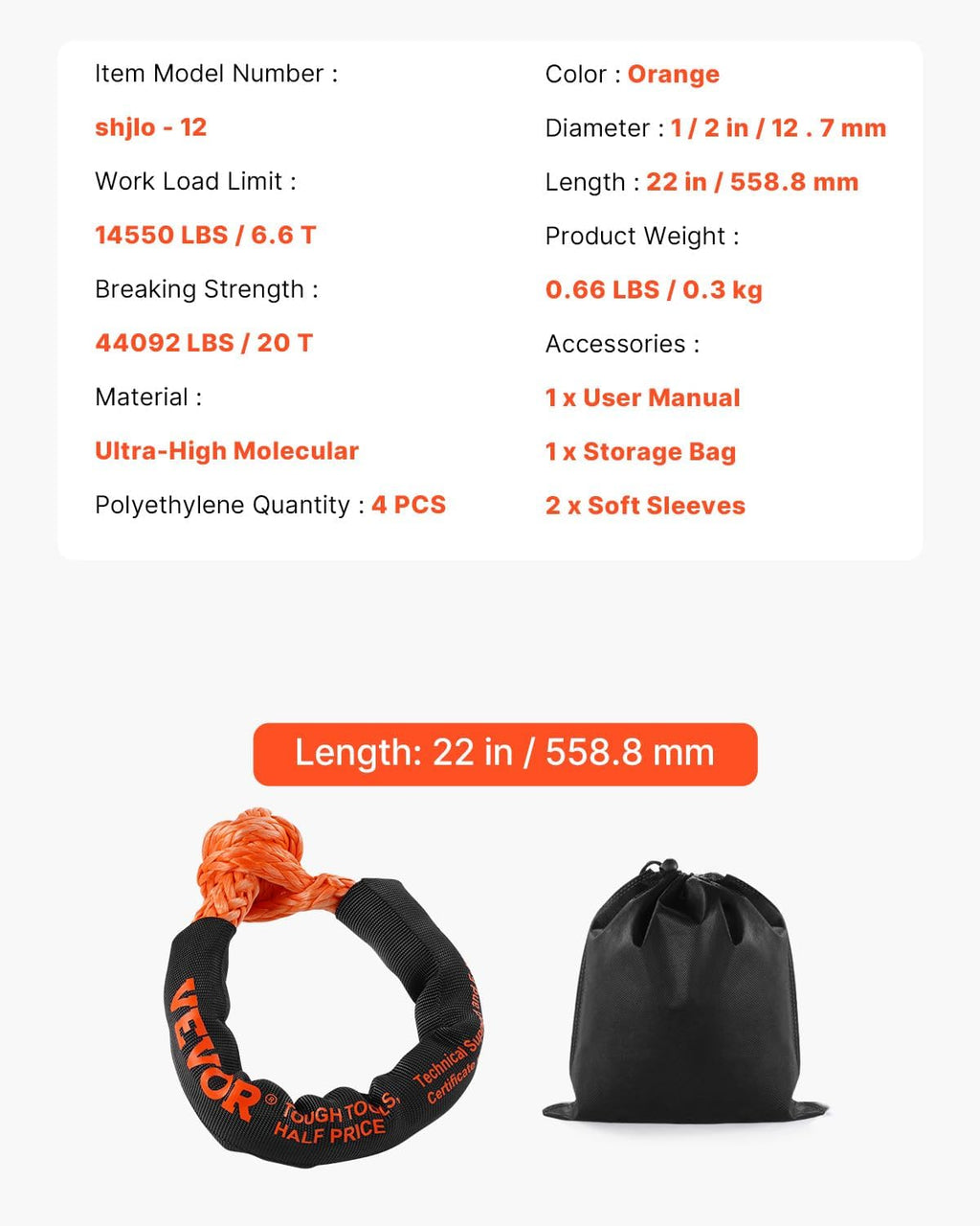 VEVOR 2-Pack Synthetic Soft Shackle, 1/2" x 22" - 44,092 lbs (20 Ton) Breaking Strength, Heavy Duty Recovery Tow Shackles with Extra Sleeves & Storage Bag for UTV,ATV,Trucks,Off-Road Vehicles,Orange