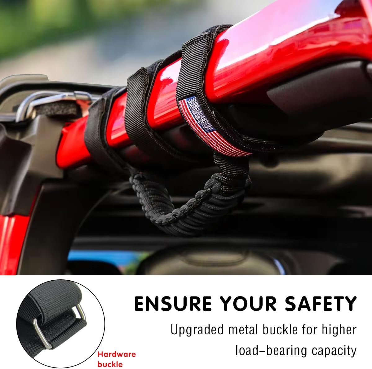 HZEL 2PCS Roll Bar Grab Handles, Oxford Cloth Upgrade Metal Buckle Paracord Grip Handles, Durable and Strong Car Accessories, Compatible with Wrangler JL, JLU, JT, JK, JKU, TJ, LJ and YJ (Black)