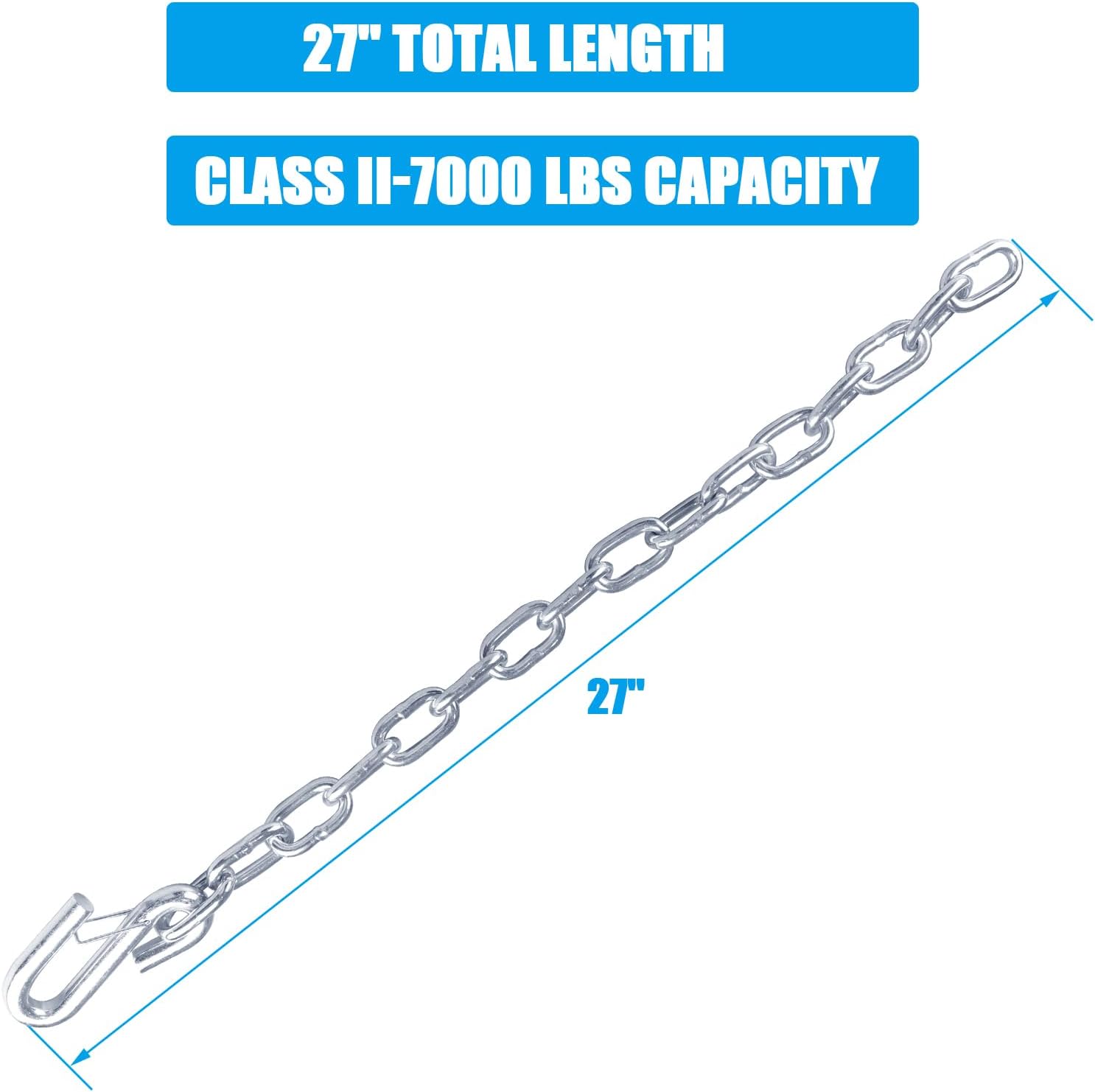 27" Trailer Safety Chain with Heavy Duty 17/32" Spring Hooks, Grade 30 Zinc-Plated Steel Towing Chain Kit 7000 lbs Capacity for RV, Utility Trailer & Boat, 23" Chain Length, 2 Pack