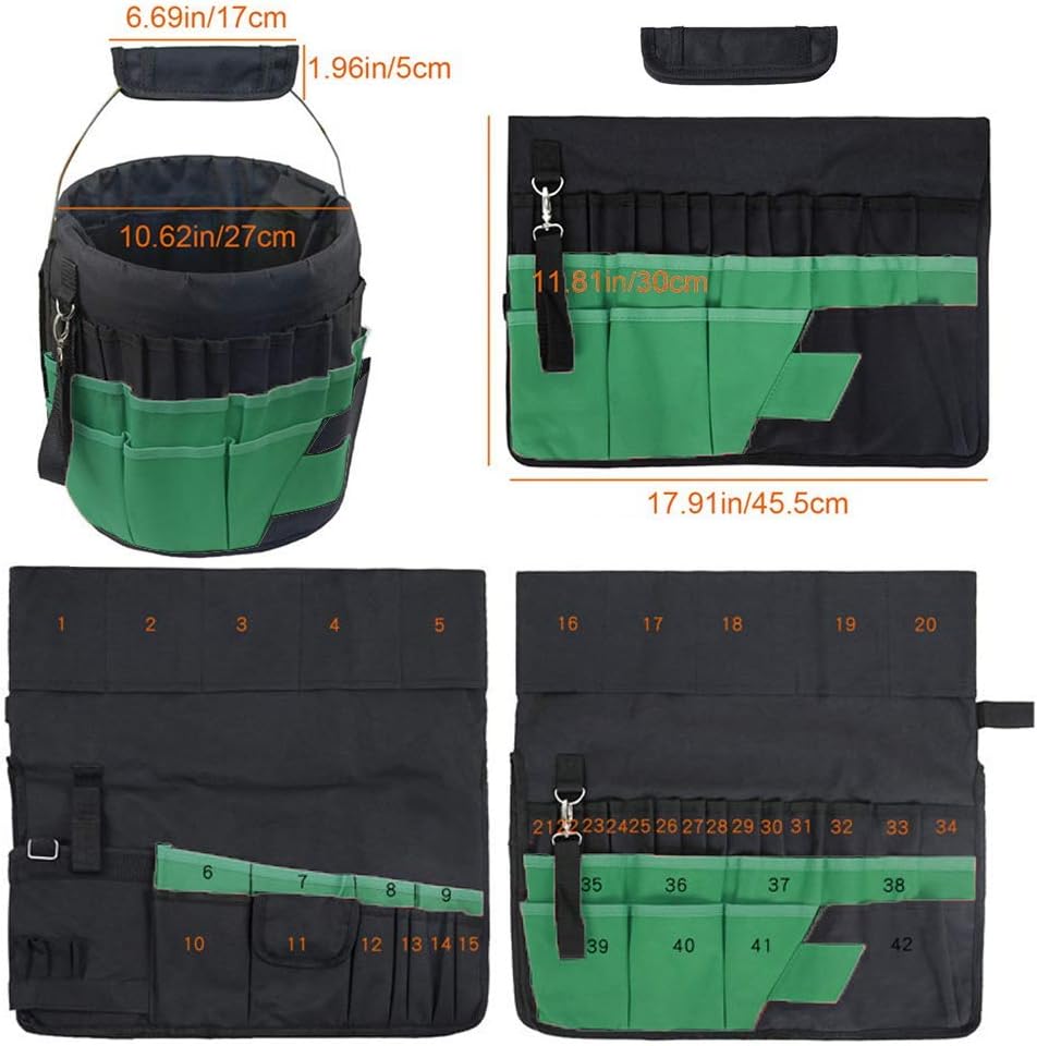 green gardening tools organizer 5 gallon bucket tools on a desk or shelf